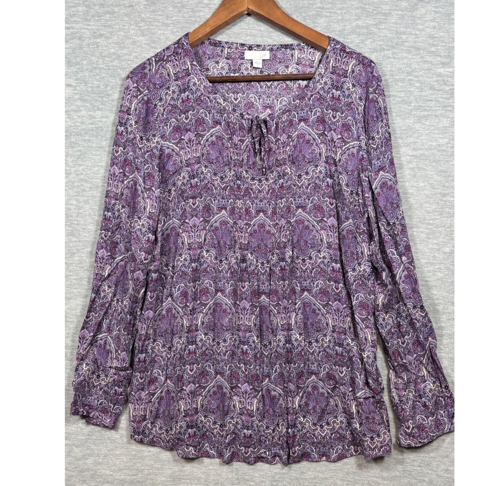 J Jill Top Womens M Paisley‎ Print Blouse  Purple Tie Neck Long Sleeve